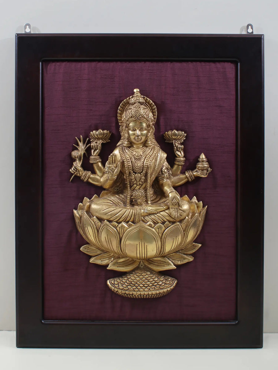 29" Dhanalakshmi Brass Wall Hanging Seated on Lotus with Frame
