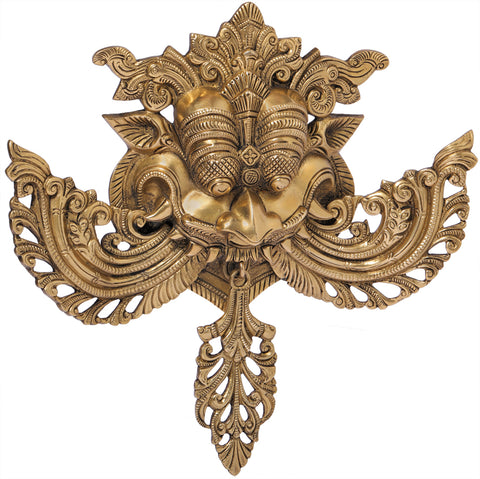 18" Brass Kirtimukha Wall Hanging with Stylized Protruding Fangs | Handmade