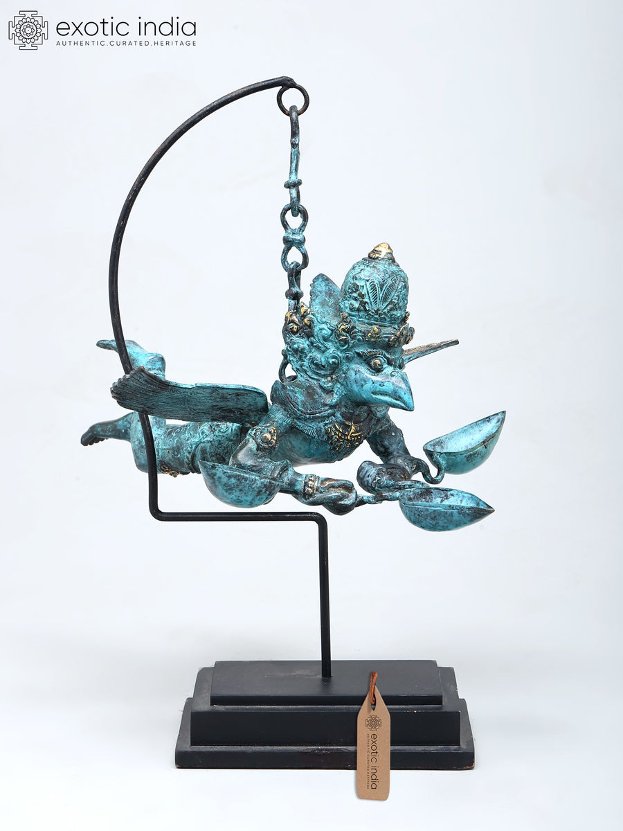 15" Brass Flying Garuda Oil Lamp with Three Wicks