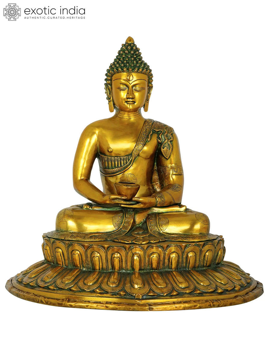 22" Dhyana Mudra Buddha Brass Statue on Lotus Pedestal Handmade