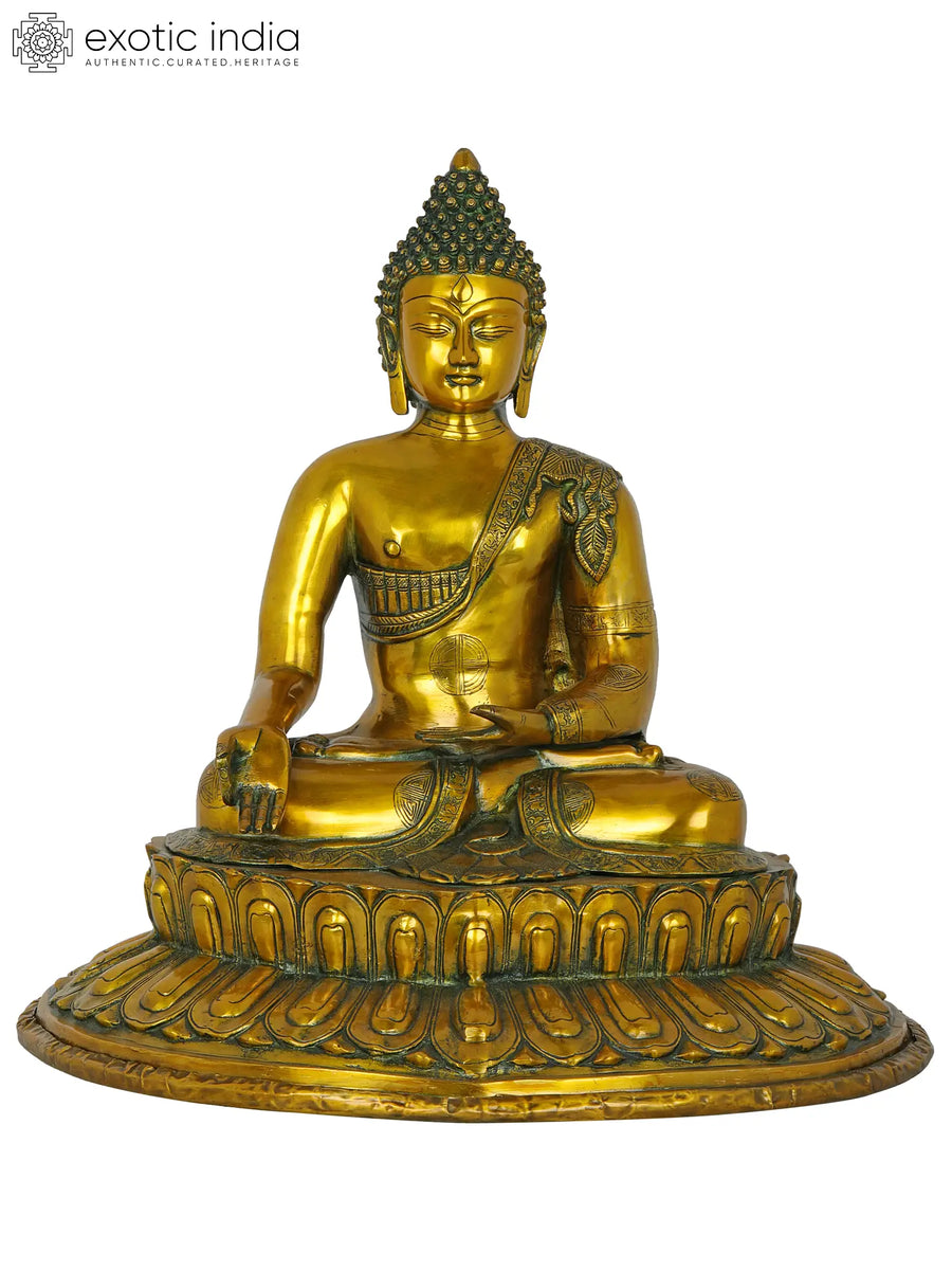 22" Sun Hued Meditating Buddha Brass Idol with Lotus Pedestal