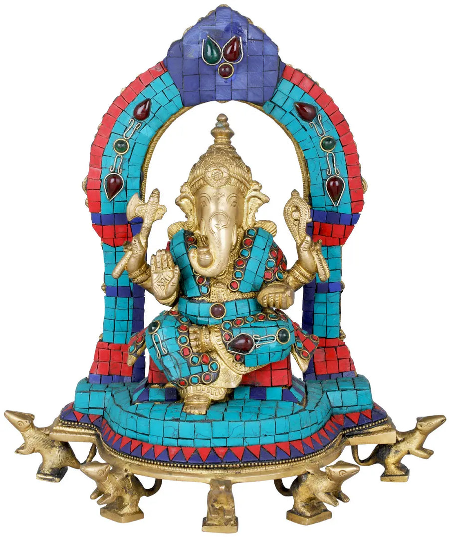 11" Handmade Ganesha on Five Rats Brass Inlay Statue