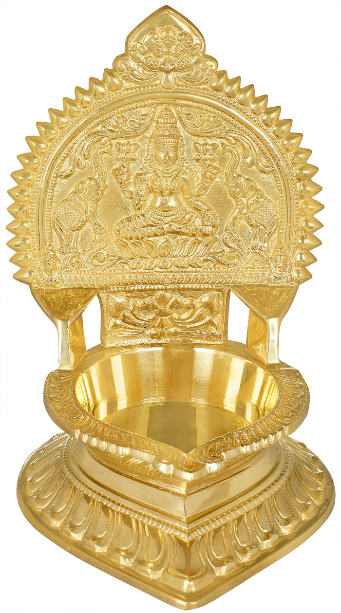 10" Goddess Gajalakshmi Seated on Lotus Large Oil Lamp in Brass | Handmade | Made in India