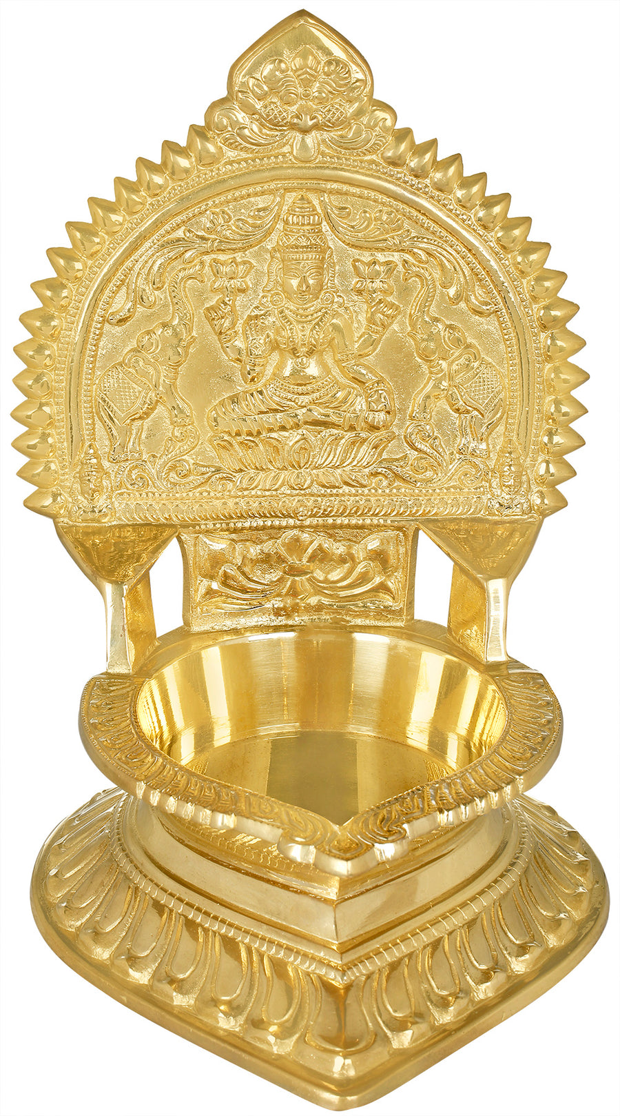 10" Brass Goddess Gajalakshmi Oil Lamp Statue with Lotus Seat