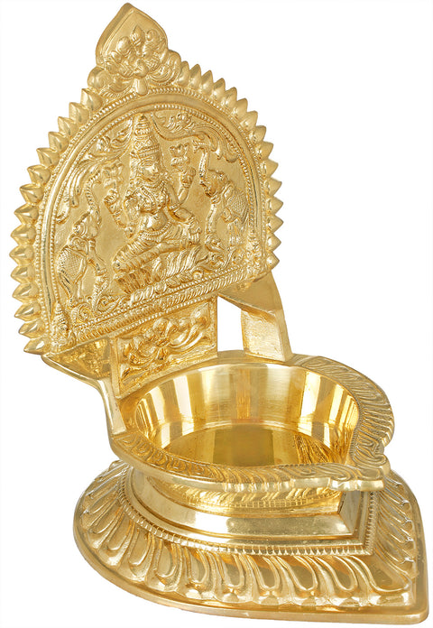 10" Goddess Gajalakshmi Seated on Lotus Large Oil Lamp in Brass | Handmade | Made in India
