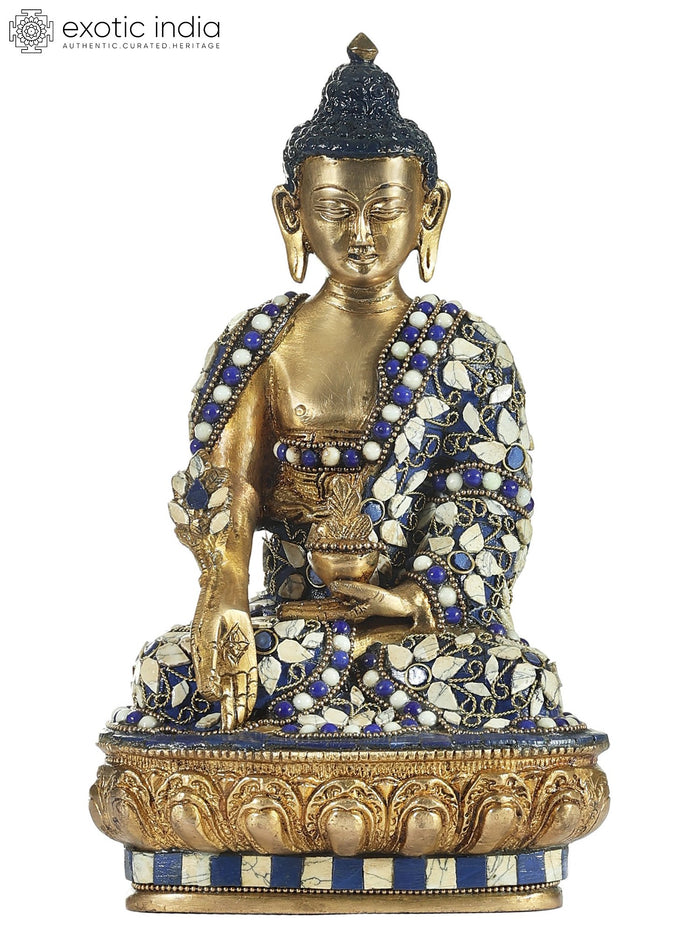 10" Medicine Buddha Handcrafted Brass Statue with Inlay Detail