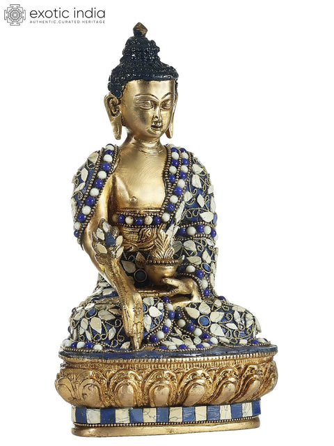 10" Medicine Lord Buddha Inlay Statue | Indian Handcrafted Brass Idol