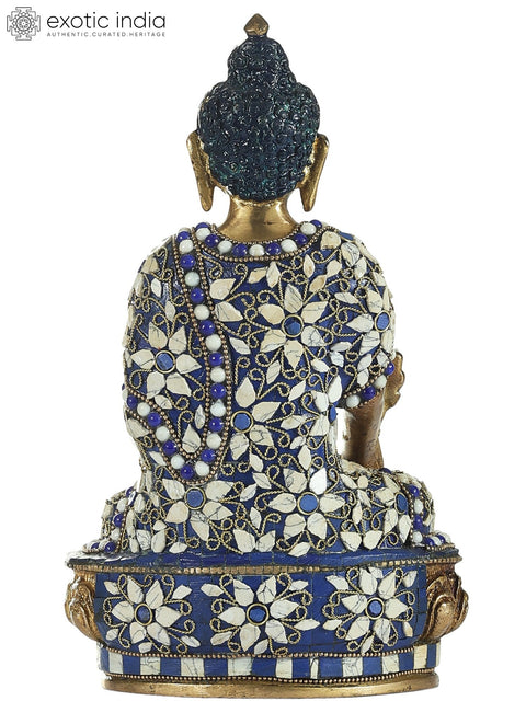 10" Medicine Lord Buddha Inlay Statue | Indian Handcrafted Brass Idol