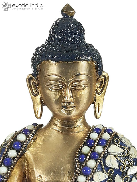 10" Medicine Lord Buddha Inlay Statue | Indian Handcrafted Brass Idol