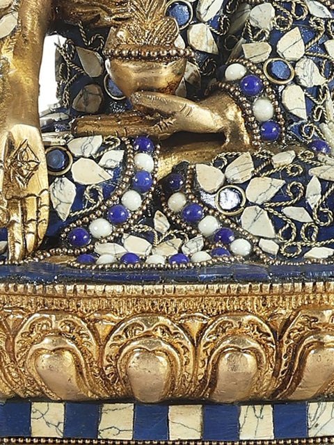 10" Medicine Lord Buddha Inlay Statue | Indian Handcrafted Brass Idol