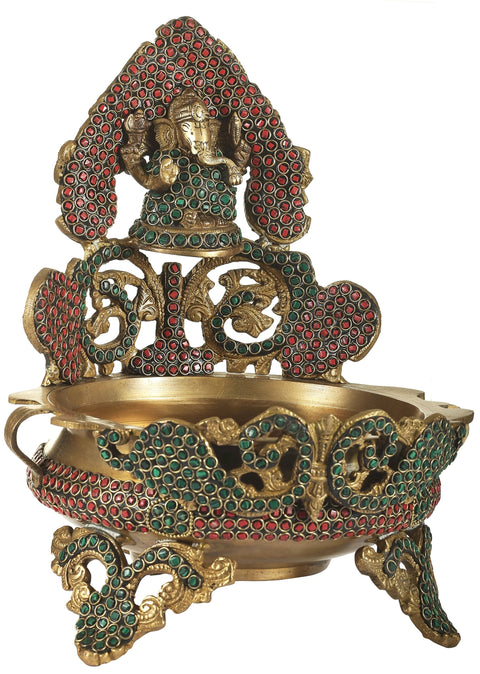 11" Brass Ganesha Urli with Inlay Stone Work | Handmade | Made in India