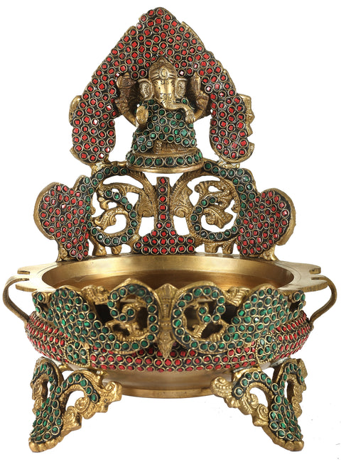 11" Brass Ganesha Urli with Inlay Stone Work | Handmade | Made in India