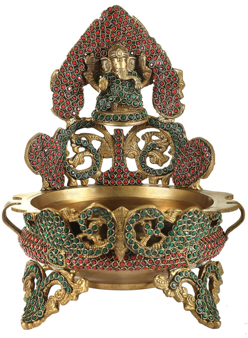 11" Handmade Brass Ganesha Urli with Stone Inlay
