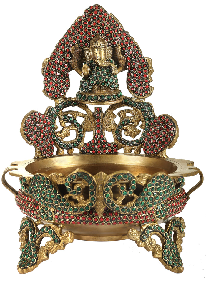 11" Handmade Brass Ganesha Urli with Stone Inlay