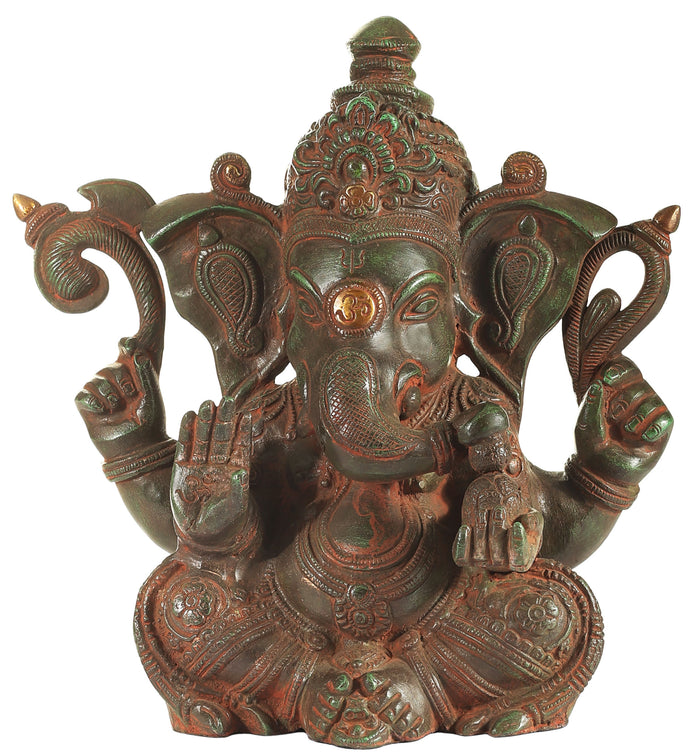10" Four Armed Seated Lord Ganesha Brass Statue Handmade