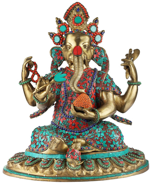 14" Handmade Nepalese Ganesha Brass Statue with Inlay Work