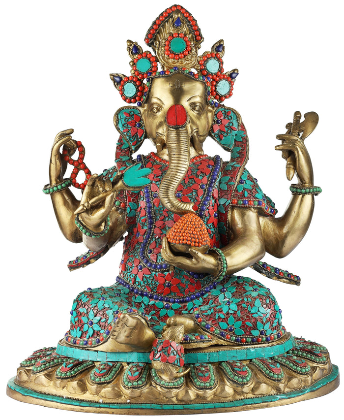 14" Nepalese Form of Lord Ganesha With Inlay Work In Brass | Handmade | Made In India