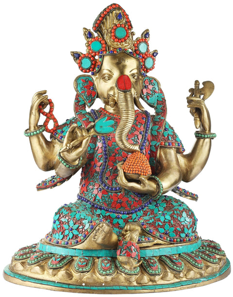 14" Nepalese Form of Lord Ganesha With Inlay Work In Brass | Handmade | Made In India