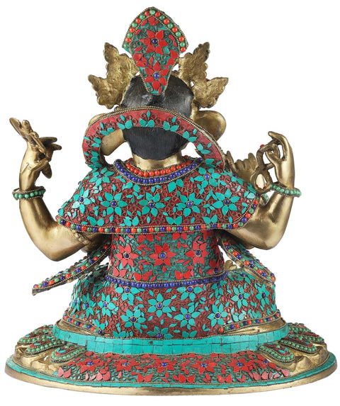 14" Nepalese Form of Lord Ganesha With Inlay Work In Brass | Handmade | Made In India
