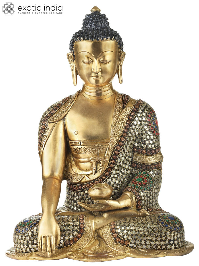 10" Bhumisparsha Buddha Brass Inlay Stone Work Handmade Statue