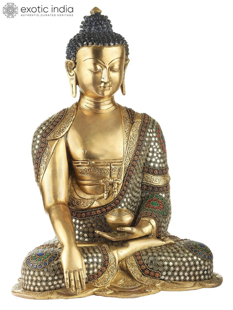 10" Bhumisparsha Buddha Brass Inlay Stone Work Statue | Indian Handcrafted Idol