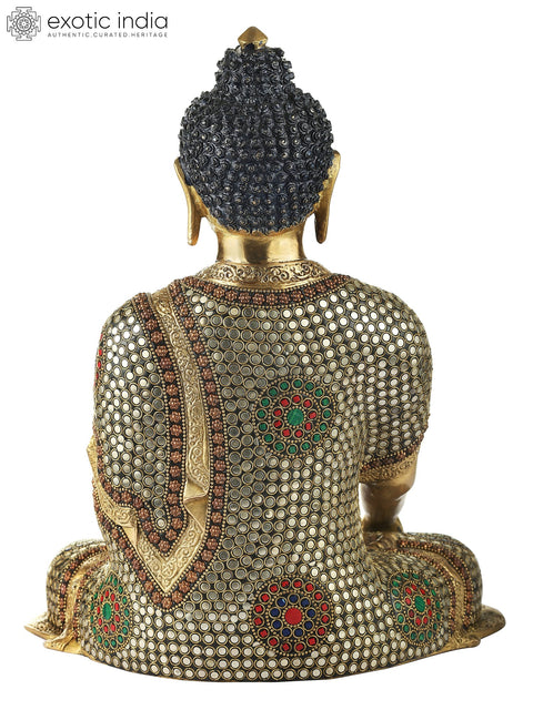 10" Bhumisparsha Buddha Brass Inlay Stone Work Statue | Indian Handcrafted Idol
