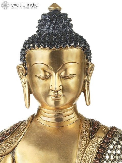 10" Bhumisparsha Buddha Brass Inlay Stone Work Statue | Indian Handcrafted Idol