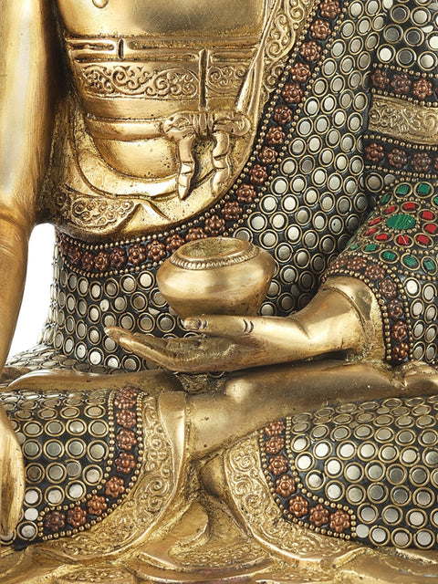 10" Bhumisparsha Buddha Brass Inlay Stone Work Statue | Indian Handcrafted Idol
