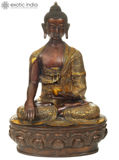 34" Large Bitone Buddha Seated on Lotus Throne Handmade Brass Statue