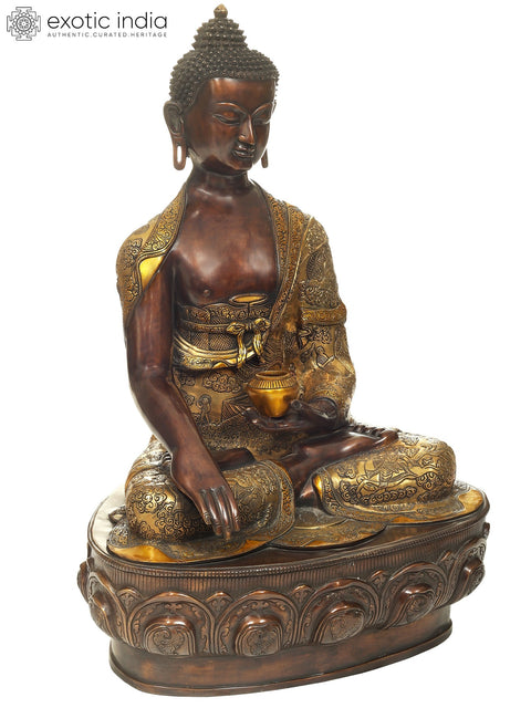 34" Large Bitone Buddha Seated on A Gigantic Lotus Bloom Throne | Handmade Brass Statue
