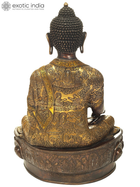 34" Large Bitone Buddha Seated on A Gigantic Lotus Bloom Throne | Handmade Brass Statue