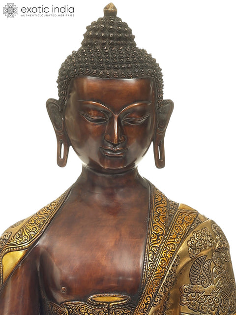 34" Large Bitone Buddha Seated on A Gigantic Lotus Bloom Throne | Handmade Brass Statue