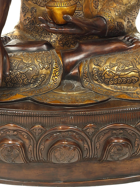 34" Large Bitone Buddha Seated on A Gigantic Lotus Bloom Throne | Handmade Brass Statue