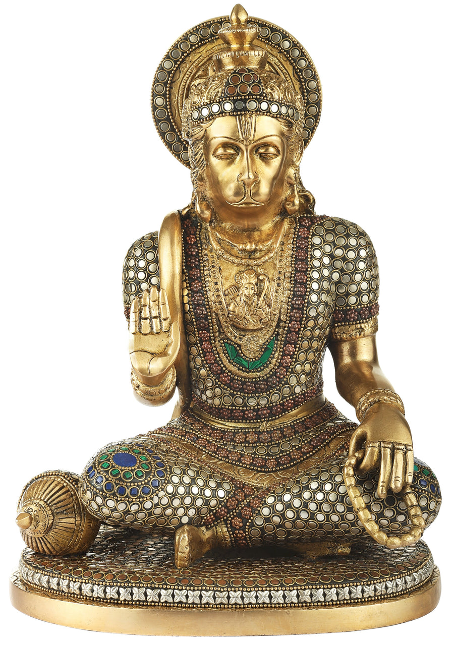 9" Hanuman With Rama Brass Statue Stone Inlay Handmade