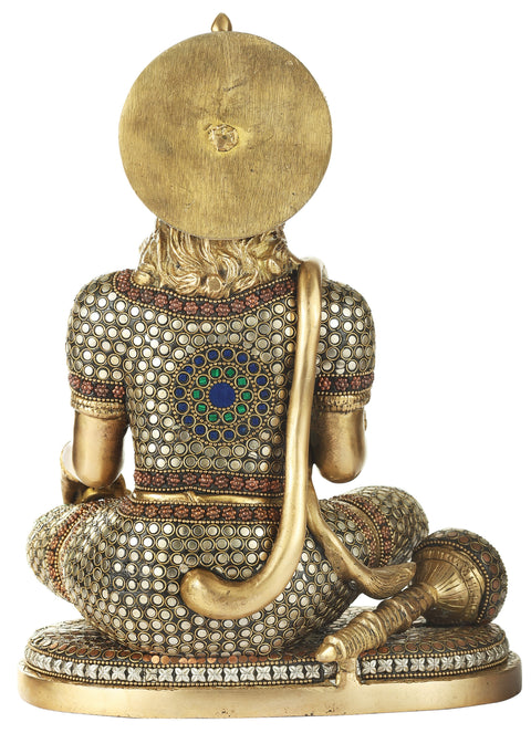 9" Beautiful Stone Inlayed Hanuman with Lord Rama Residing in His Chest In Brass | Handmade | Made In India