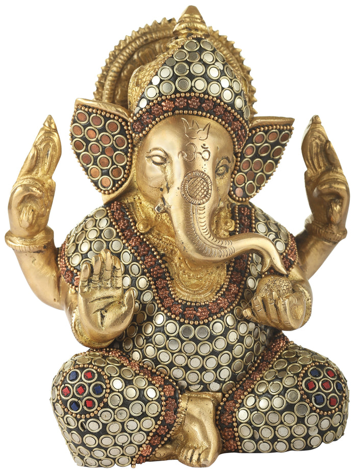 5" Handmade Lord Ganesha Brass Statue with Stone Inlay