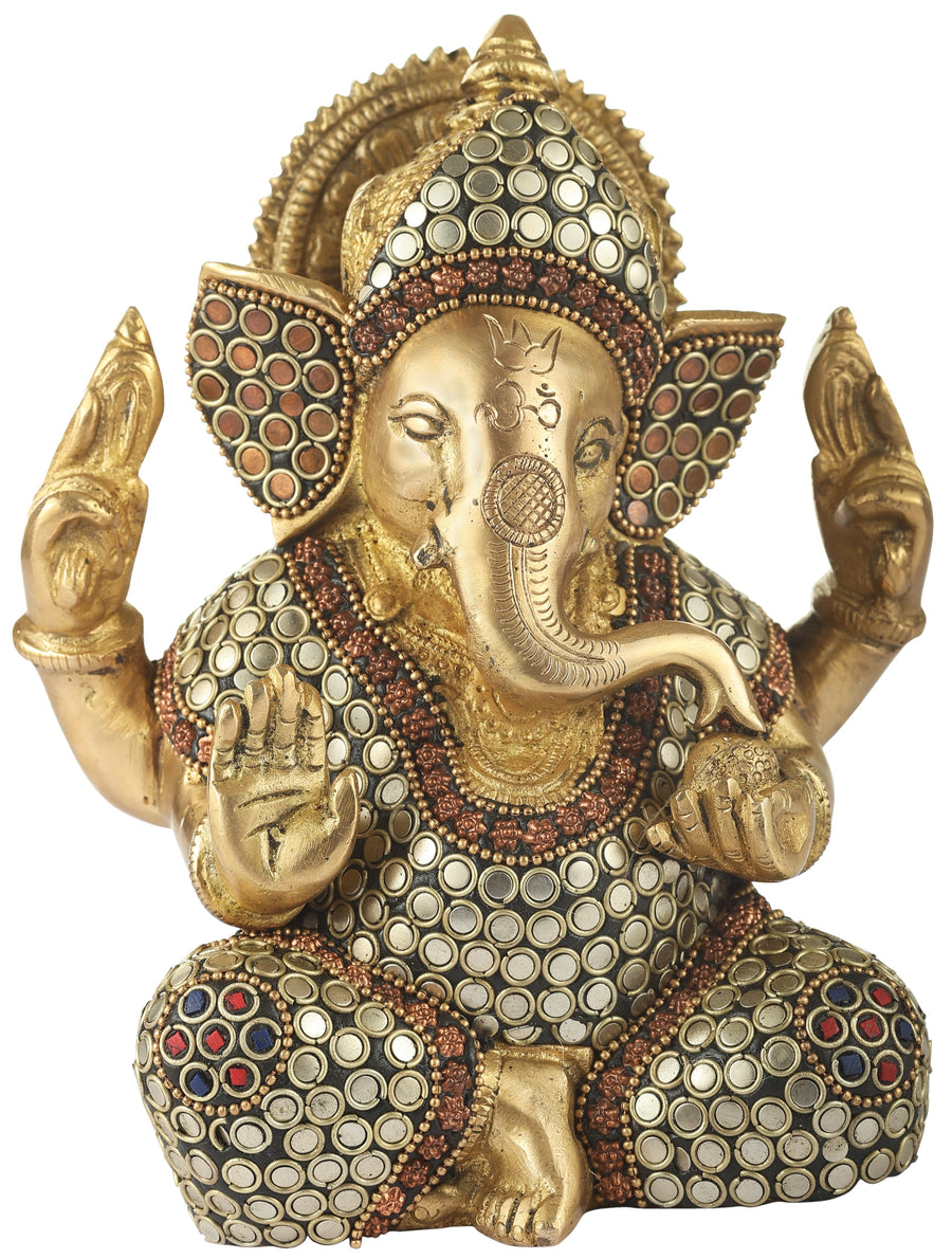 5" Handmade Lord Ganesha Brass Statue with Stone Inlay