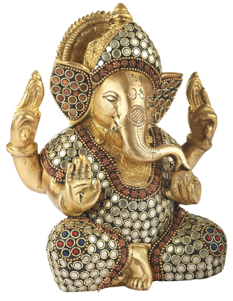 5" Lord Ganesha with Inlay Stone Work In Brass | Handmade | Made In India