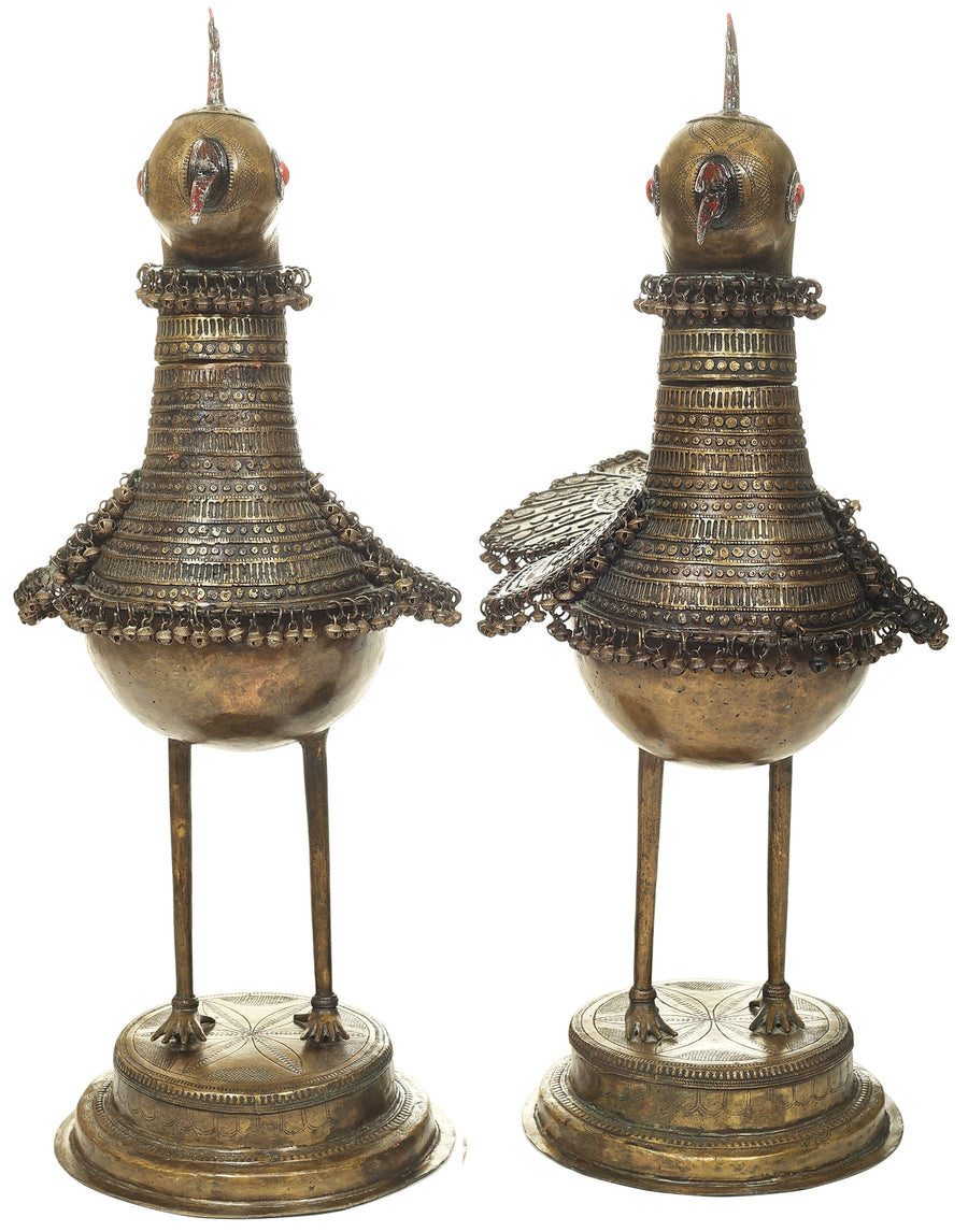36" Large Handmade Brass Tribal Peacock Couple Statue with Ghungroos