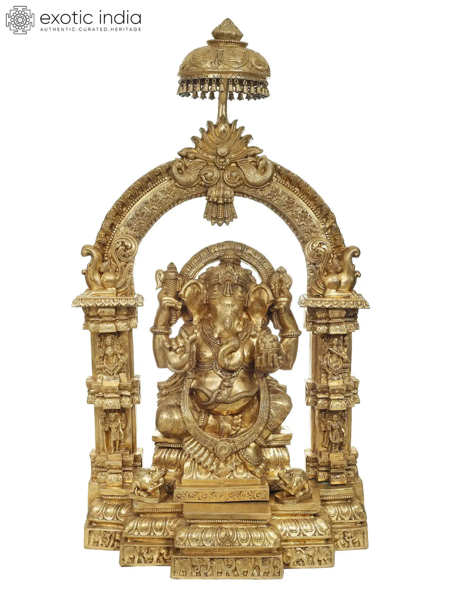 84" Handmade Brass Lord Ganesha Statue with Traditional Prabhavali