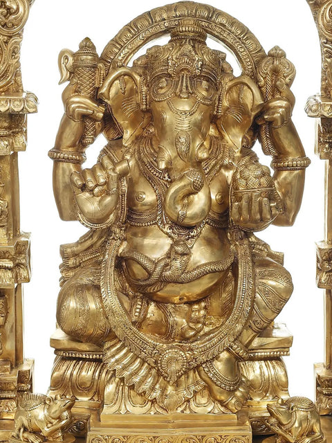 84" Large Lord Ganesha with a Traditional Prabhavali and Parasol Atop | Handmade Brass Statue