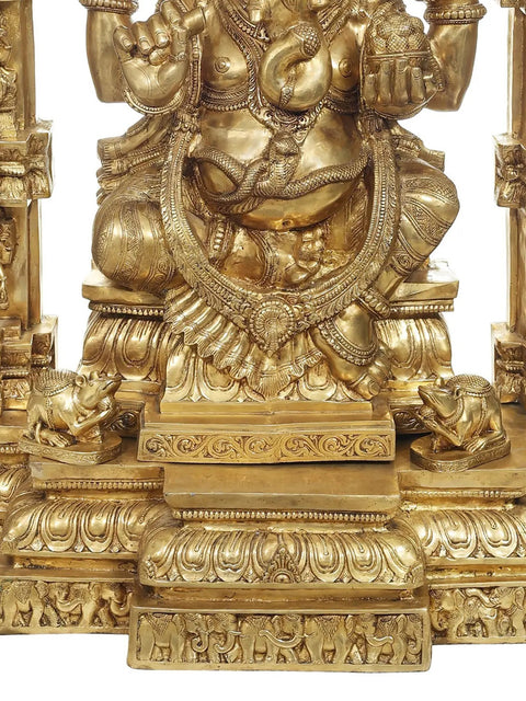 84" Large Lord Ganesha with a Traditional Prabhavali and Parasol Atop | Handmade Brass Statue