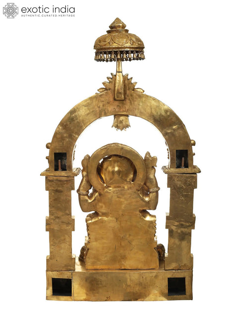 84" Large Lord Ganesha with a Traditional Prabhavali and Parasol Atop | Handmade Brass Statue