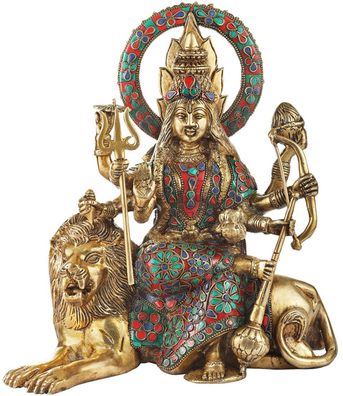 10" Colorful Inlayed Durga (Sheravali) Mata in her Subtle Beauty In Brass | Handmade | Made In India