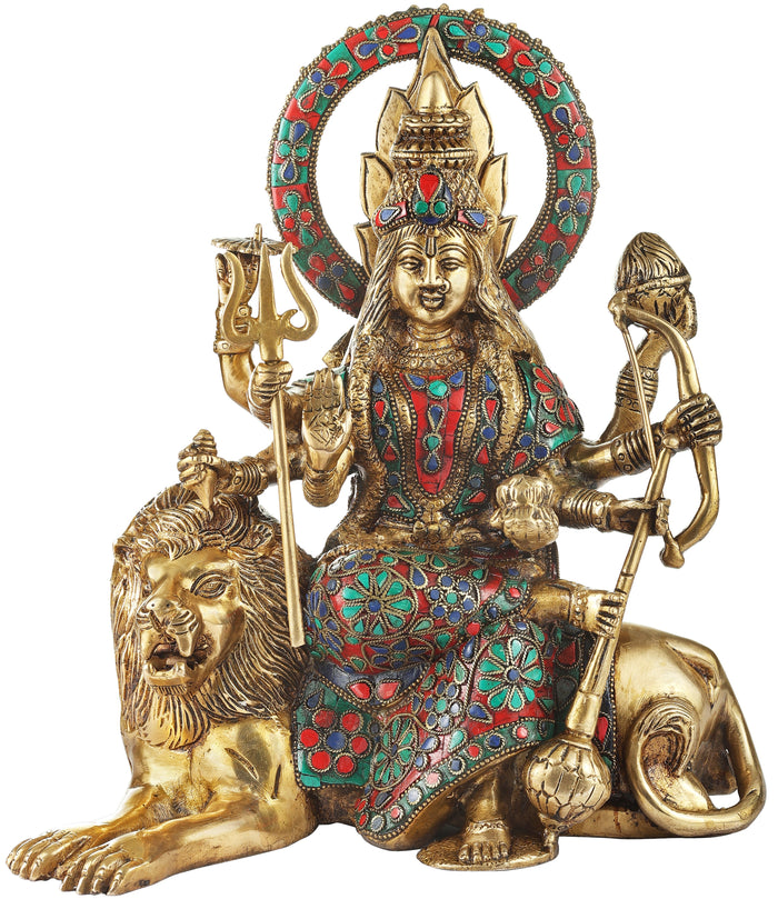 10" Handmade Brass Durga Sheravali Statue with Colorful Inlay