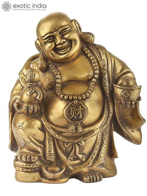 8" Laughing Buddha Brass Idol for Wealth and Prosperity