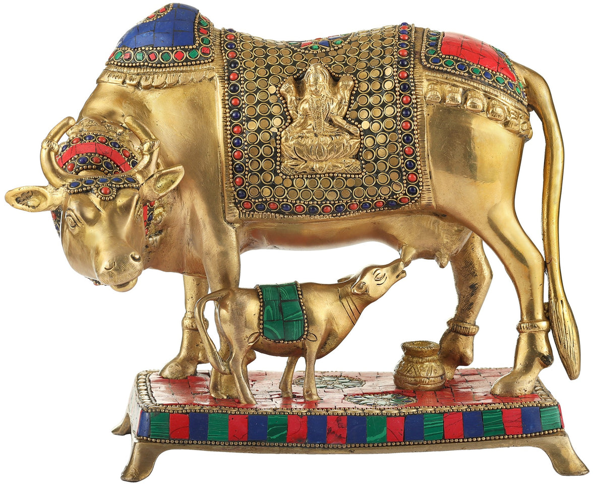 10" Colorful Inlayed Mother Cow Feeding Her Calf In Brass | Handmade | Made In India