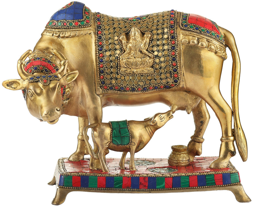 10" Handmade Brass Mother Cow Feeding Calf Statue with Inlay