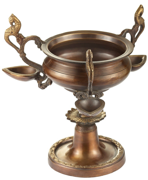 Small Urli on a Stand with Three Wicks Lamp Held by Peacocks