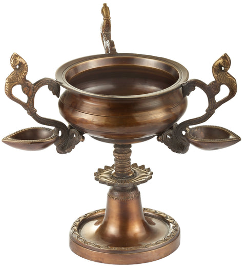 Small Urli on a Stand with Three Wicks Lamp Held by Peacocks
